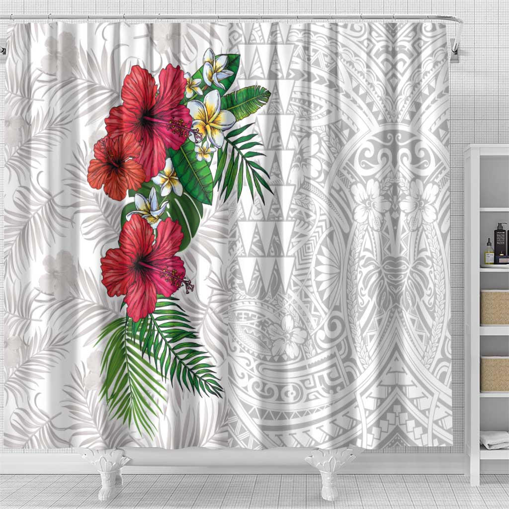 Hawaiian Tropical Plants Shower Curtain Kakau Tattoo and Polynesian Pattern Half White Color