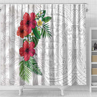 Hawaiian Tropical Plants Shower Curtain Kakau Tattoo and Polynesian Pattern Half White Color