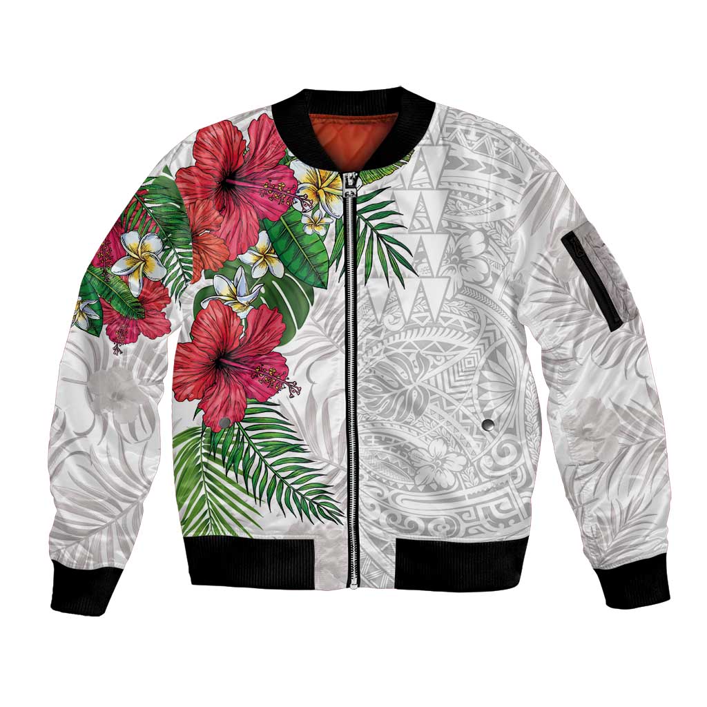 Hawaiian Tropical Plants Sleeve Zip Bomber Jacket Kakau Tattoo and Polynesian Pattern Half White Color