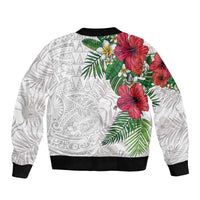 Hawaiian Tropical Plants Sleeve Zip Bomber Jacket Kakau Tattoo and Polynesian Pattern Half White Color
