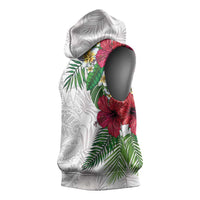 Hawaiian Tropical Plants Sleeveless Hoodie Kakau Tattoo and Polynesian Pattern Half White Color