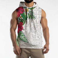 Hawaiian Tropical Plants Sleeveless Hoodie Kakau Tattoo and Polynesian Pattern Half White Color