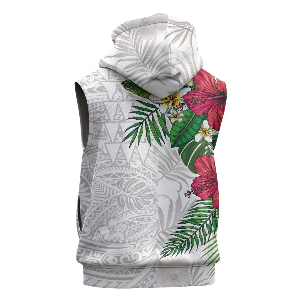 Hawaiian Tropical Plants Sleeveless Zip Hoodie Kakau Tattoo and Polynesian Pattern Half White Color