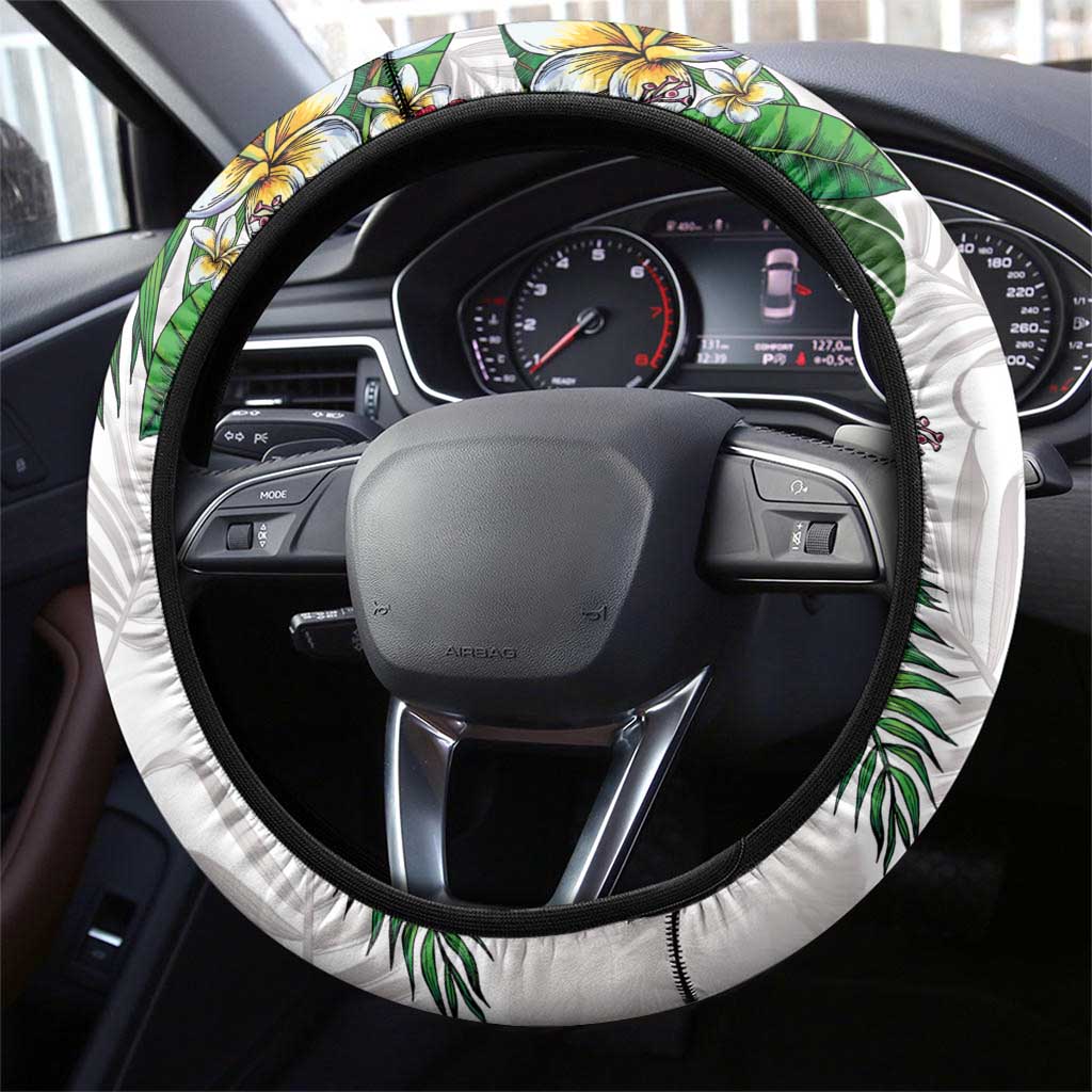 Hawaiian Tropical Plants Steering Wheel Cover Kakau Tattoo and Polynesian Pattern Half White Color