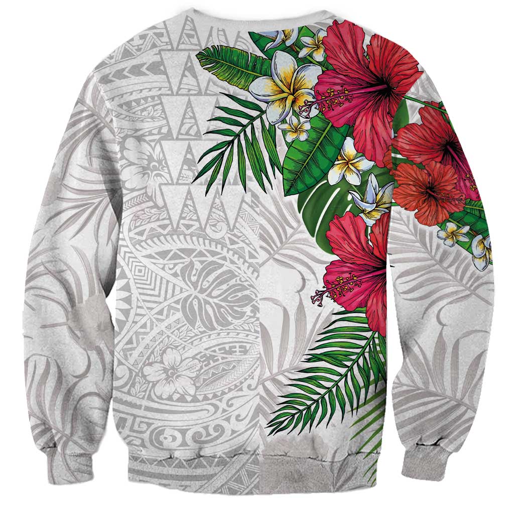Hawaiian Tropical Plants Sweatshirt Kakau Tattoo and Polynesian Pattern Half White Color