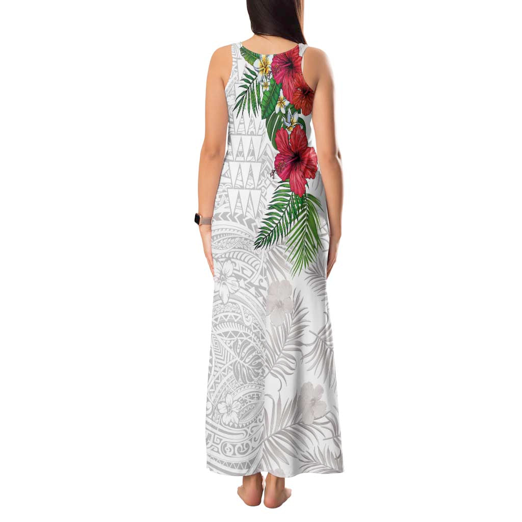 Hawaiian Tropical Plants Tank Maxi Dress Kakau Tattoo and Polynesian Pattern Half White Color