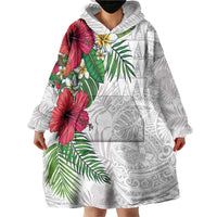 Hawaiian Tropical Plants Wearable Blanket Hoodie Kakau Tattoo and Polynesian Pattern Half White Color