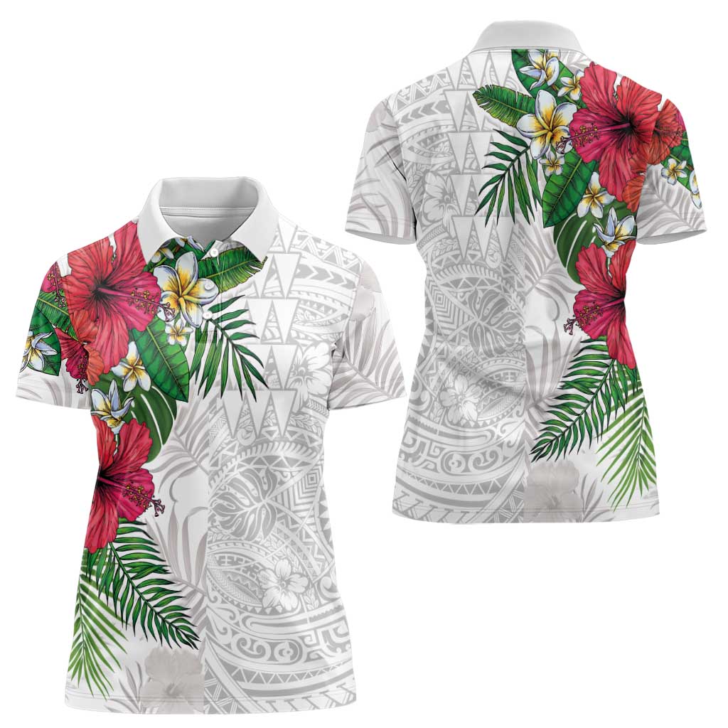 Hawaiian Tropical Plants Women Polo Shirt Kakau Tattoo and Polynesian Pattern Half White Color