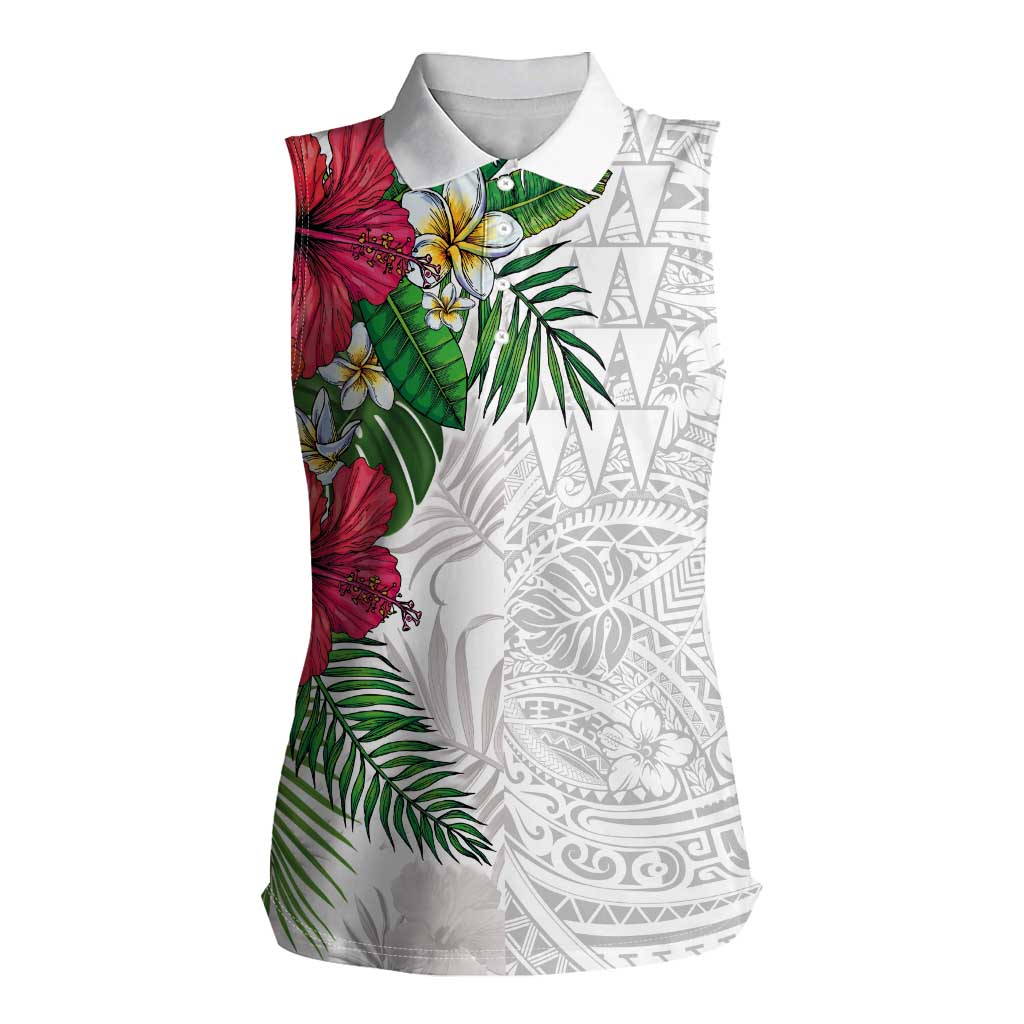Hawaiian Tropical Plants Women Sleeveless Polo Shirt Kakau Tattoo and Polynesian Pattern Half White Color LT03 Female White - Polynesian Pride