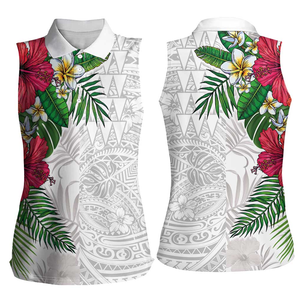 Hawaiian Tropical Plants Women Sleeveless Polo Shirt Kakau Tattoo and Polynesian Pattern Half White Color LT03 - Polynesian Pride