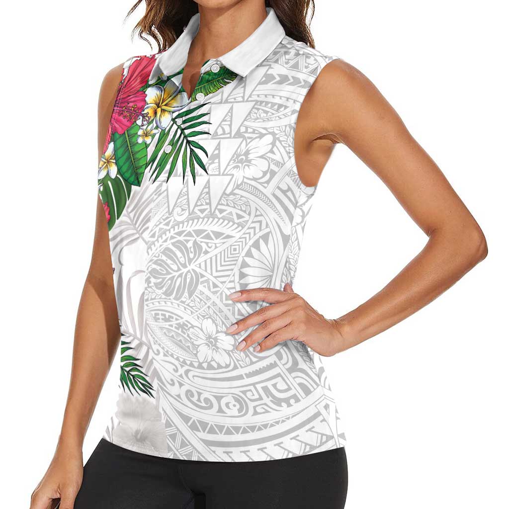 Hawaiian Tropical Plants Women Sleeveless Polo Shirt Kakau Tattoo and Polynesian Pattern Half White Color LT03 - Polynesian Pride