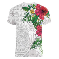 Hawaiian Tropical Plants Women V-Neck T-Shirt Kakau Tattoo and Polynesian Pattern Half White Color