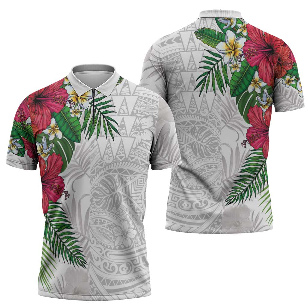 Hawaiian Tropical Plants Zipper Polo Shirt Kakau Tattoo and Polynesian Pattern Half White Color
