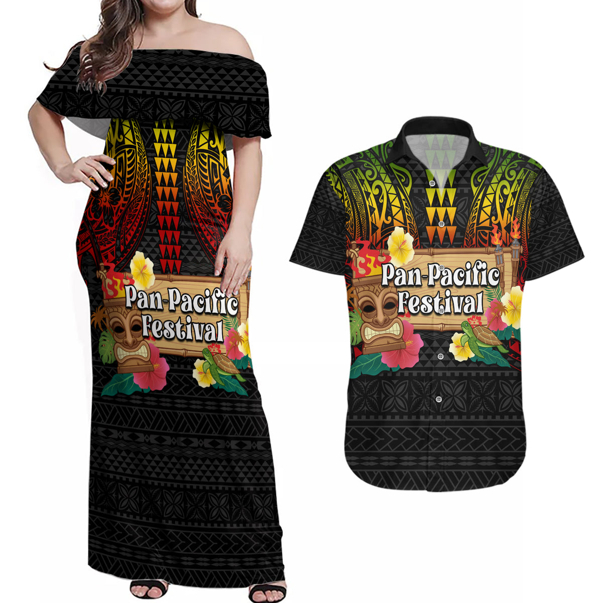 Hawaiian Elements and Polynesian Tattoo Couples Matching Off Shoulder Maxi Dress and Hawaiian Shirt LT03 Black - Polynesian Pride