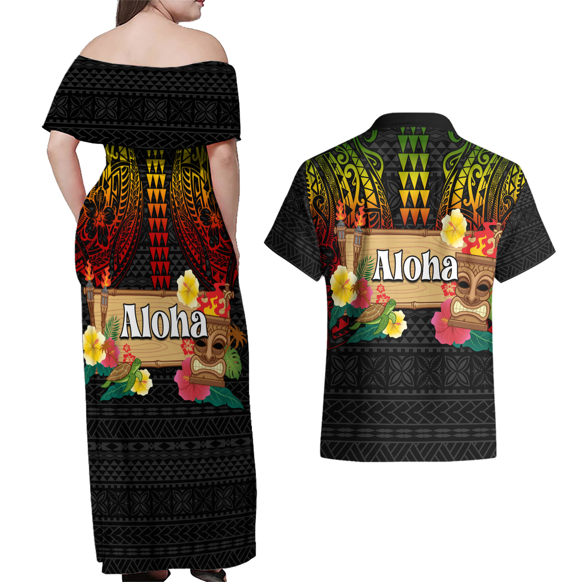 Hawaiian Elements and Polynesian Tattoo Couples Matching Off Shoulder Maxi Dress and Hawaiian Shirt LT03 - Polynesian Pride