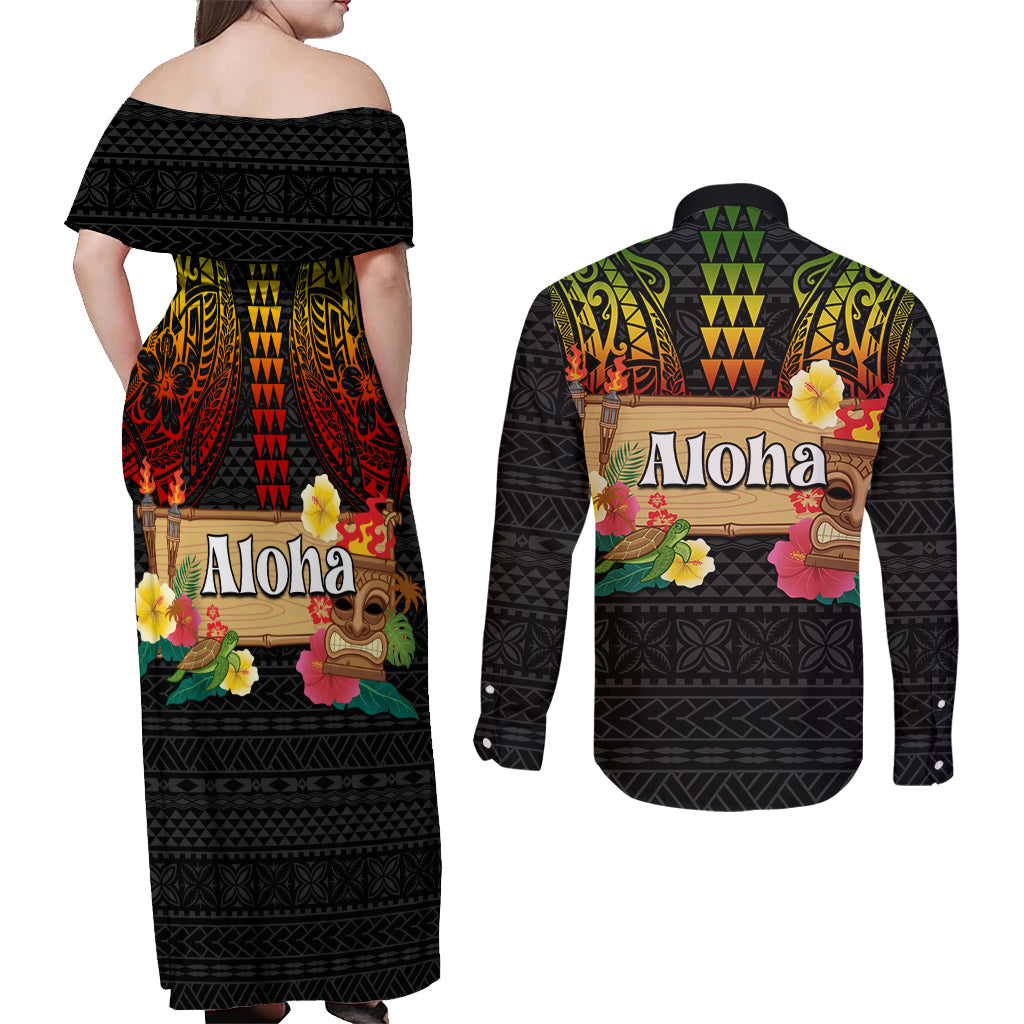 Hawaii Pan-Pacific Festival Couples Matching Off Shoulder Maxi Dress and Long Sleeve Button Shirt Hawaiian Elements and Polynesian Tattoo