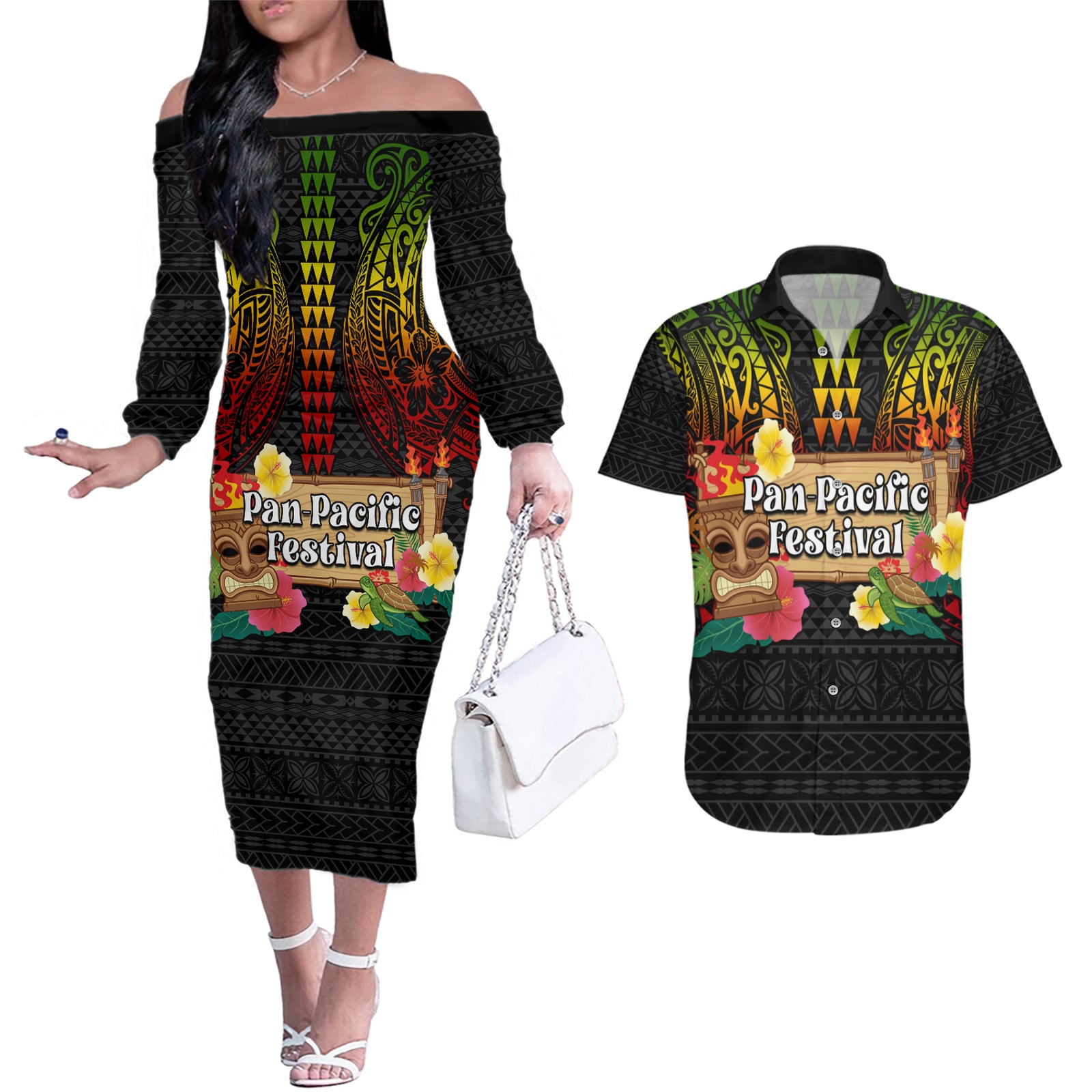 Hawaii Pan-Pacific Festival Couples Matching Off The Shoulder Long Sleeve Dress and Hawaiian Shirt Hawaiian Elements and Polynesian Tattoo