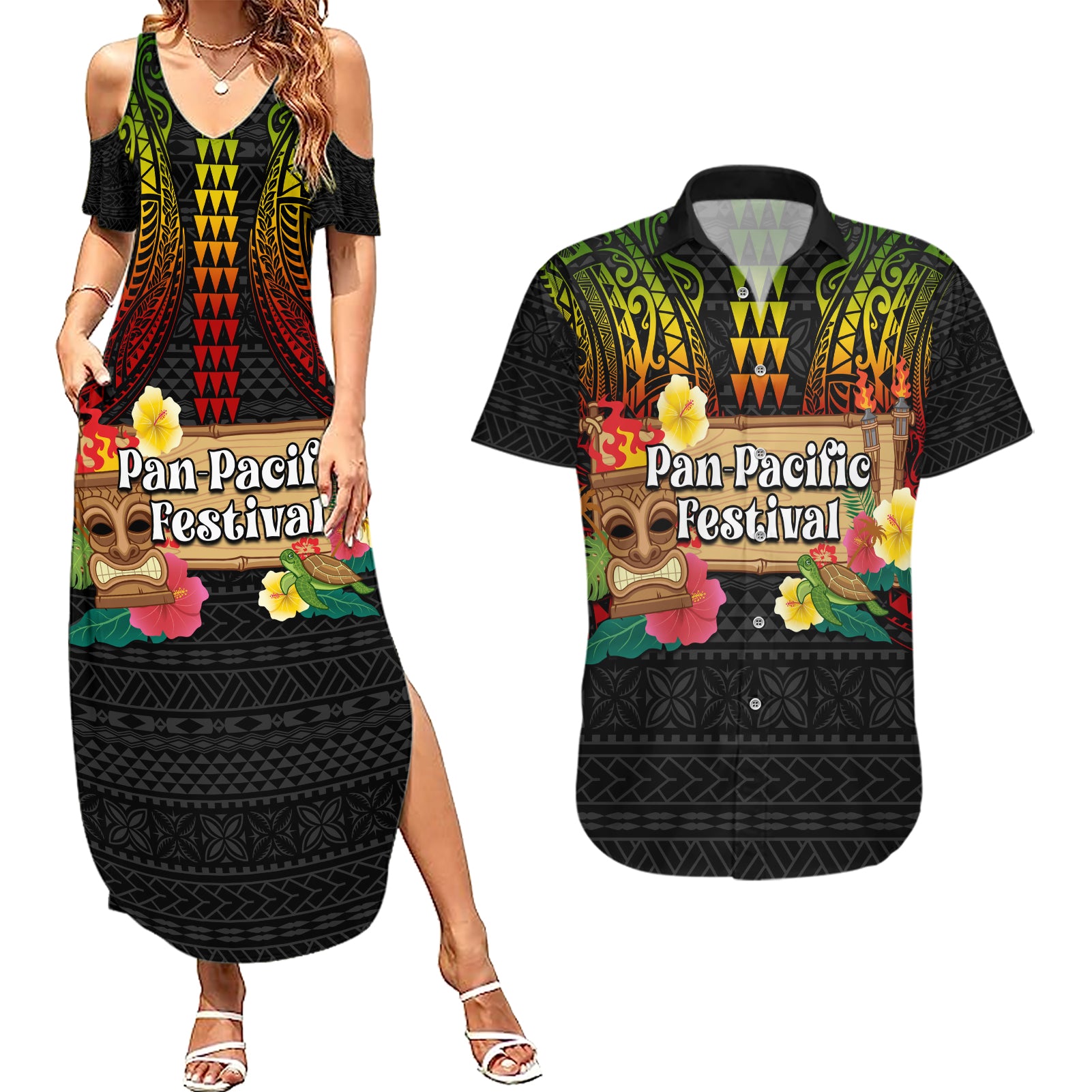 Hawaii Pan-Pacific Festival Couples Matching Summer Maxi Dress and Hawaiian Shirt Hawaiian Elements and Polynesian Tattoo