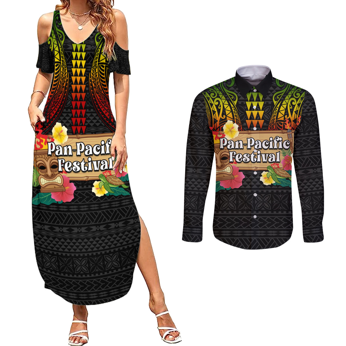 Hawaii Pan-Pacific Festival Couples Matching Summer Maxi Dress and Long Sleeve Button Shirt Hawaiian Elements and Polynesian Tattoo