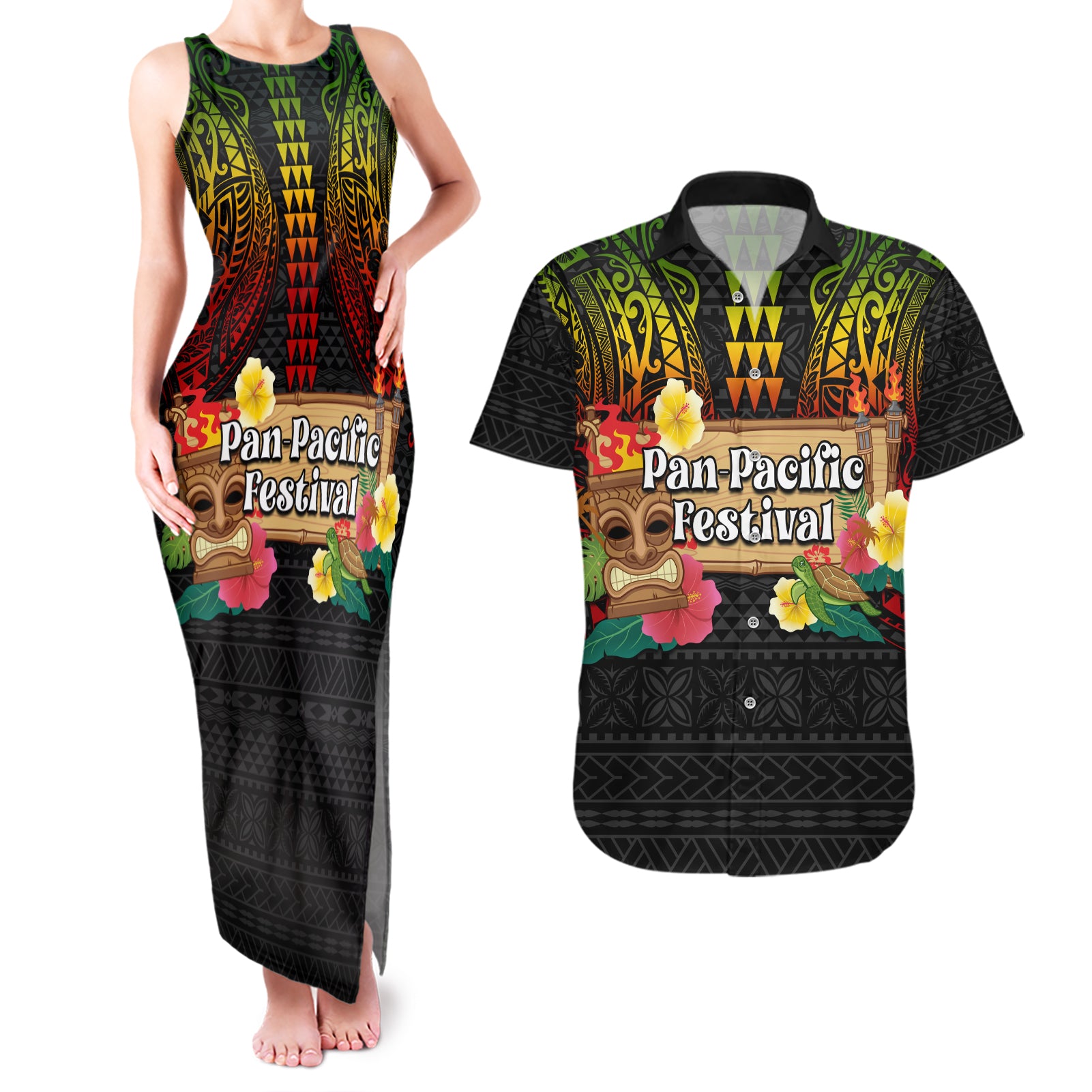 Hawaii Pan-Pacific Festival Couples Matching Tank Maxi Dress and Hawaiian Shirt Hawaiian Elements and Polynesian Tattoo