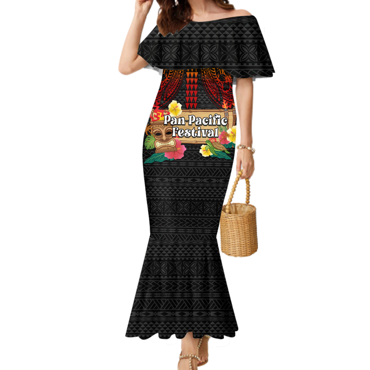 Hawaiian Elements and Polynesian Tattoo Family Matching Mermaid Dress and Hawaiian Shirt LT03 Mom's Dress Black - Polynesian Pride