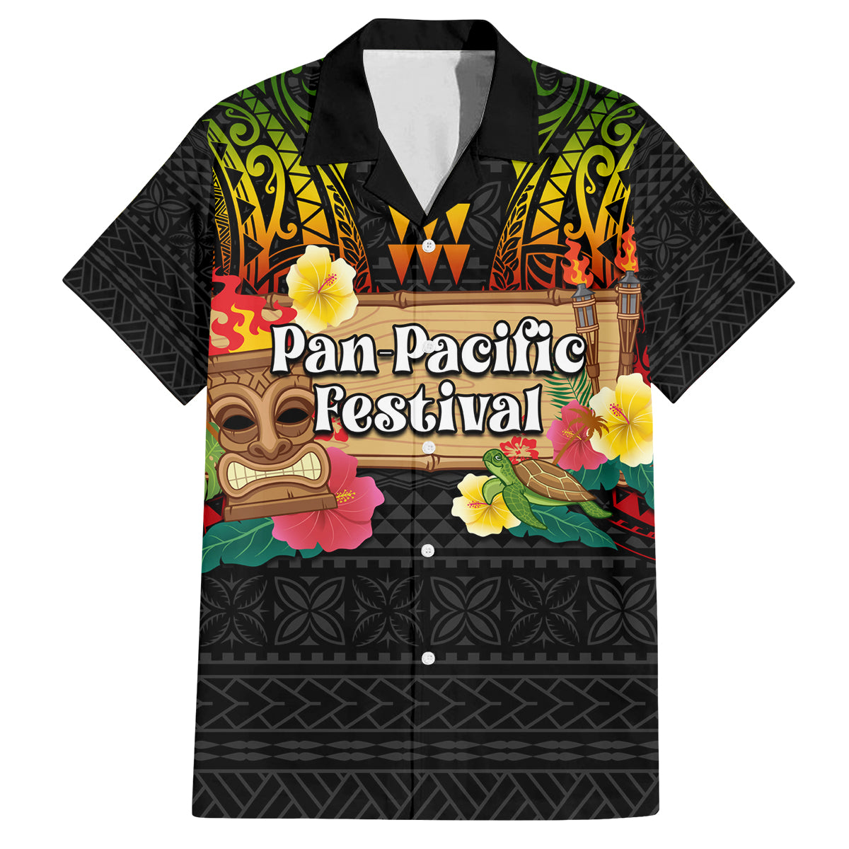 Hawaiian Elements and Polynesian Tattoo Family Matching Off Shoulder Maxi Dress and Hawaiian Shirt LT03 Dad's Shirt - Short Sleeve Black - Polynesian Pride