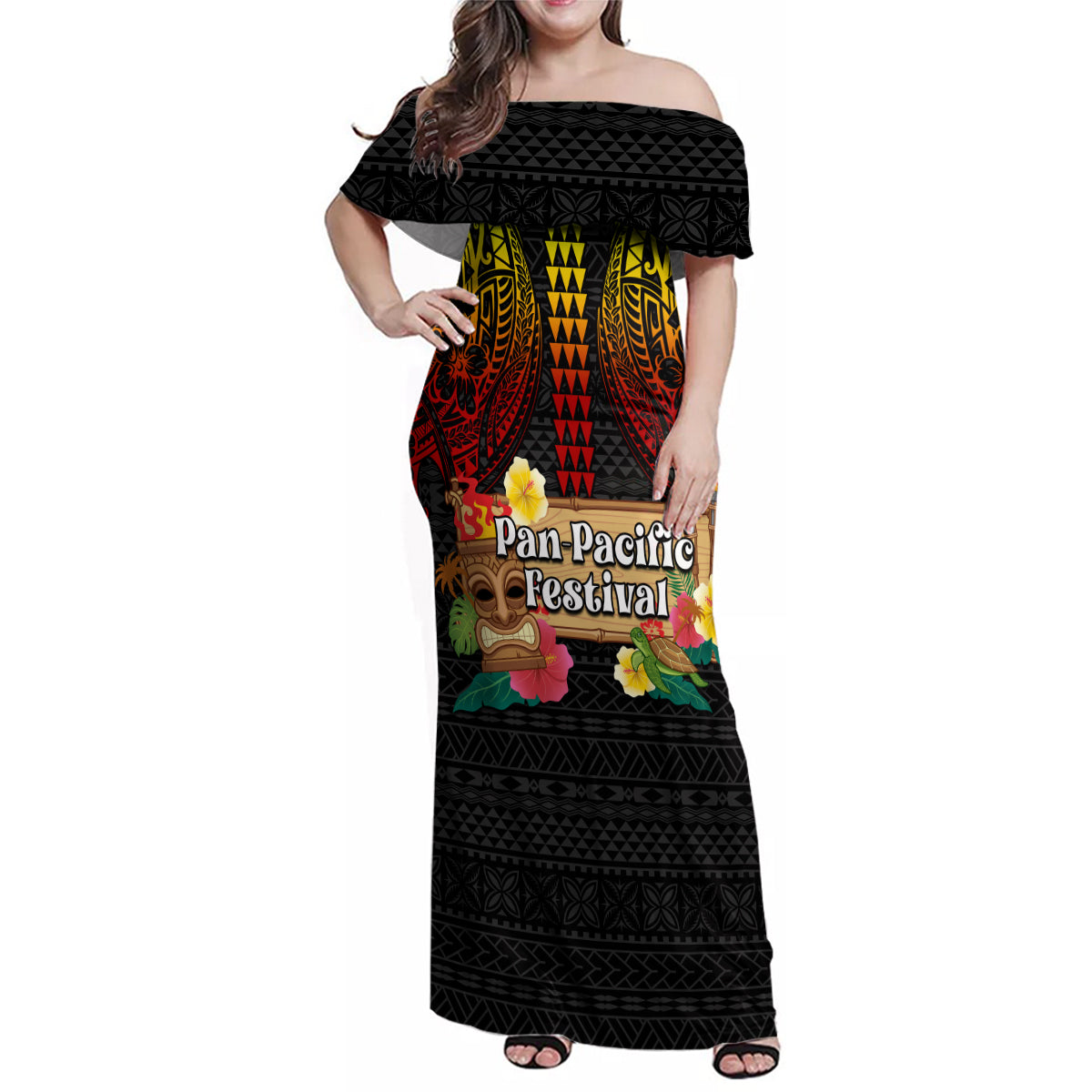 Hawaiian Elements and Polynesian Tattoo Family Matching Off Shoulder Maxi Dress and Hawaiian Shirt LT03 Mom's Dress Black - Polynesian Pride
