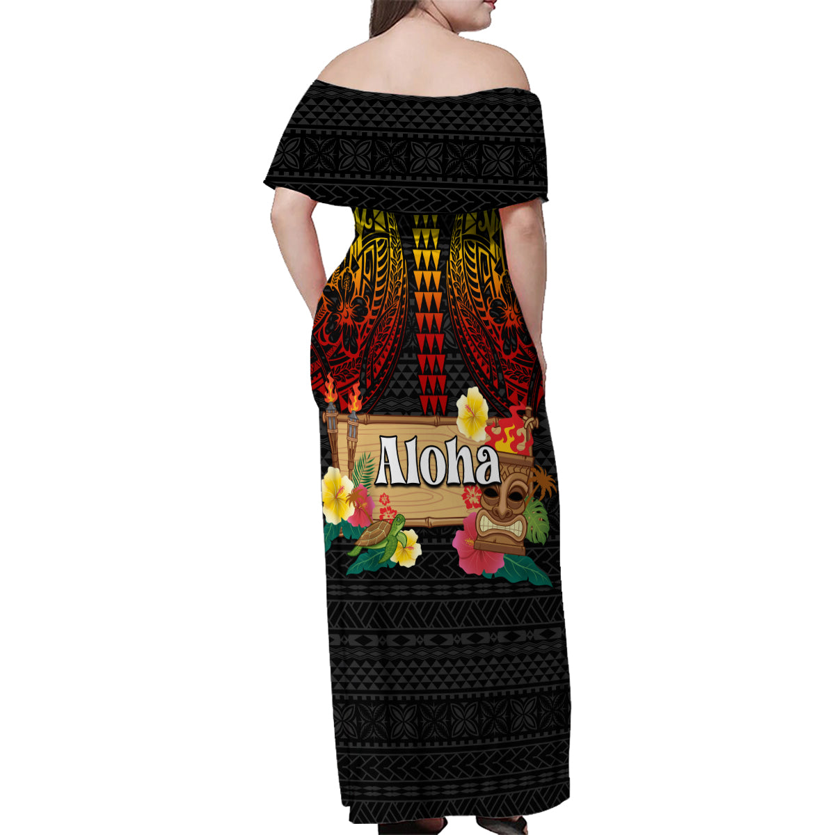 Hawaiian Elements and Polynesian Tattoo Family Matching Off Shoulder Maxi Dress and Hawaiian Shirt LT03 - Polynesian Pride