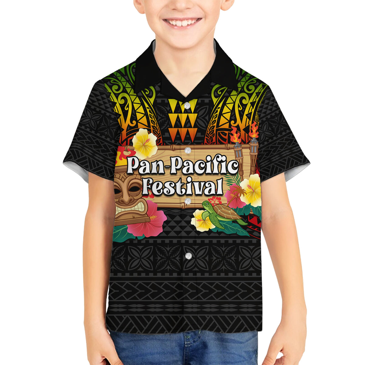 Hawaiian Elements and Polynesian Tattoo Family Matching Off Shoulder Maxi Dress and Hawaiian Shirt LT03 Son's Shirt Black - Polynesian Pride