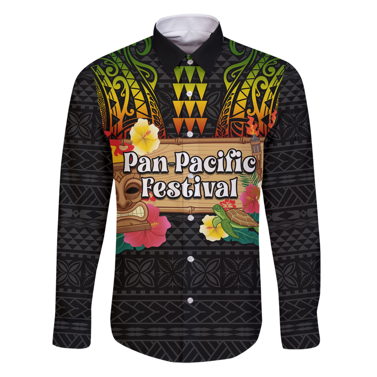 Hawaiian Elements and Polynesian Tattoo Family Matching Puletasi and Hawaiian Shirt LT03 Dad's Shirt - Long Sleeve Black - Polynesian Pride