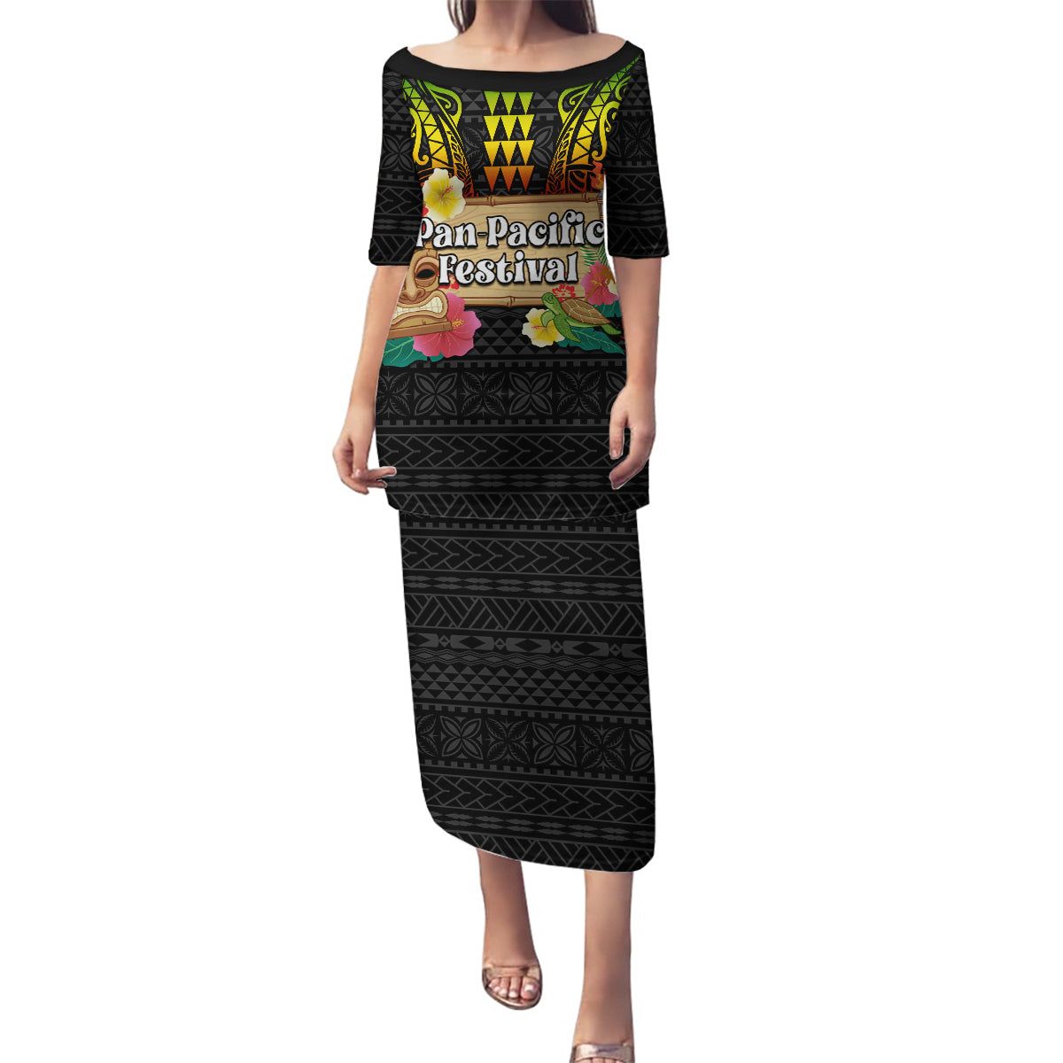Hawaiian Elements and Polynesian Tattoo Family Matching Puletasi and Hawaiian Shirt LT03 Mom's Dress Black - Polynesian Pride
