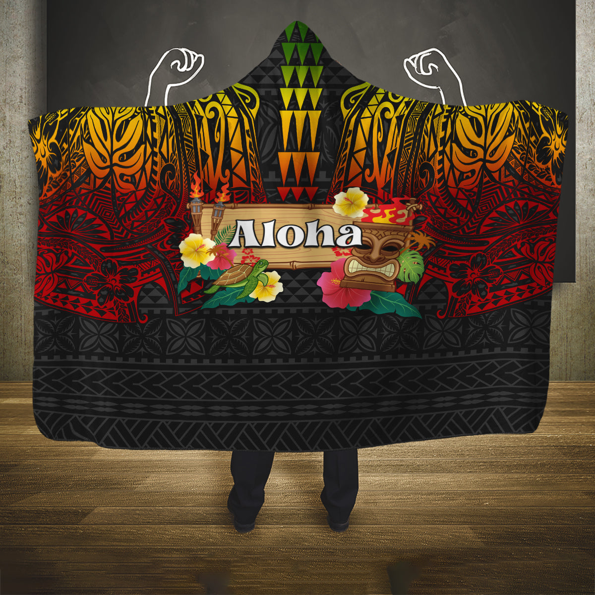 Hawaiian Elements and Polynesian Tattoo Hooded Blanket LT03 One Size Black - Polynesian Pride
