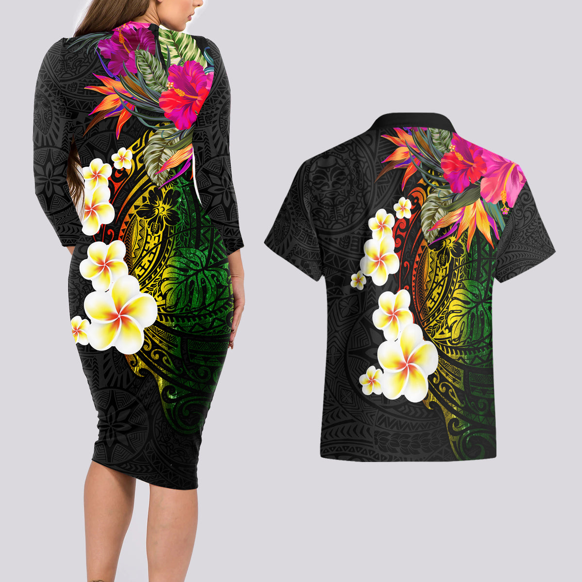 Hawaii Plumeria Couples Matching Long Sleeve Bodycon Dress and Hawaiian Shirt Polynesian Tattoo and Hibiscus