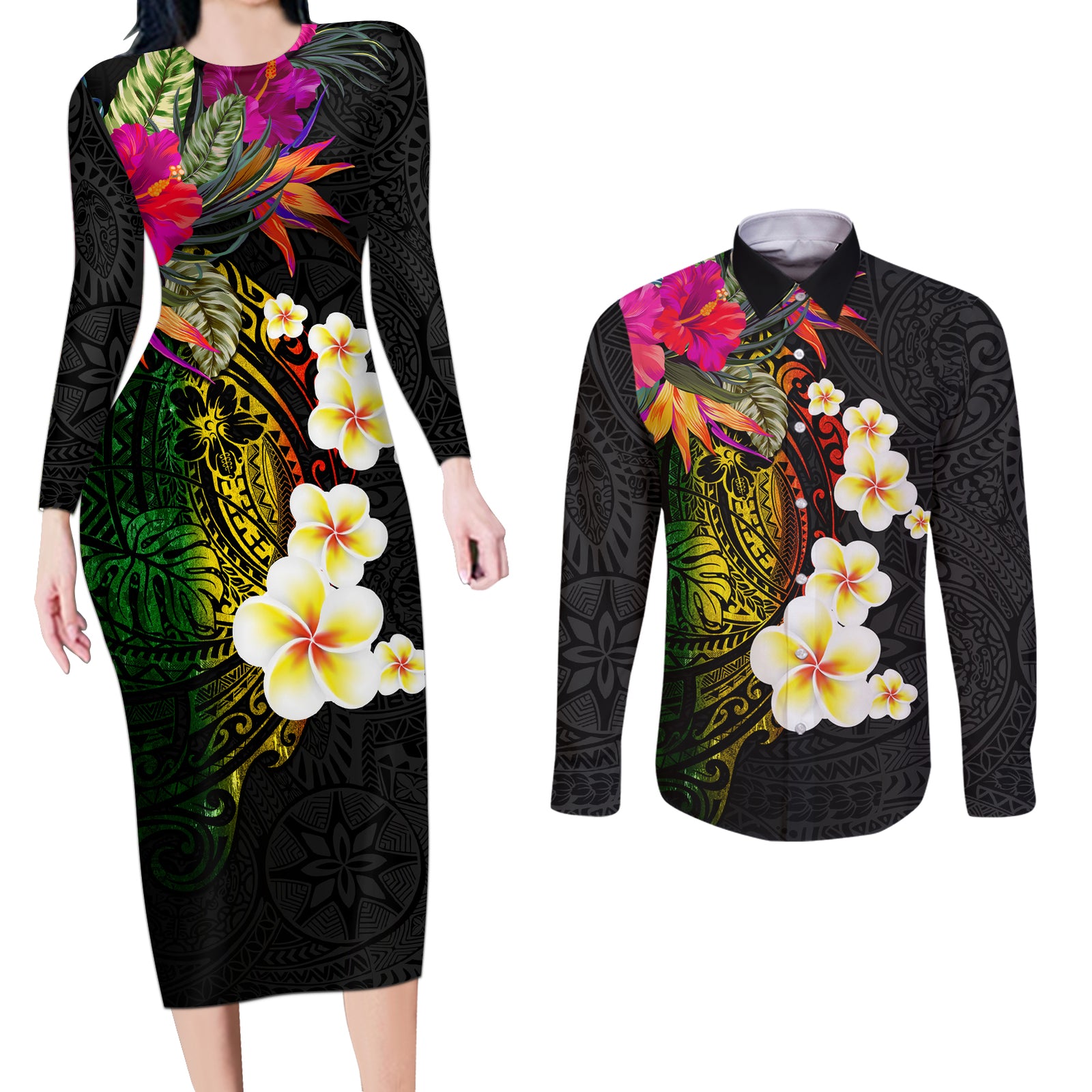 Hawaii Plumeria Couples Matching Long Sleeve Bodycon Dress and Long Sleeve Button Shirt Polynesian Tattoo and Hibiscus