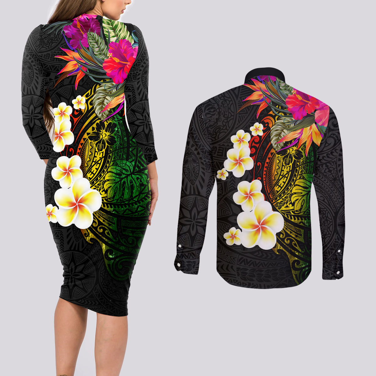 Hawaii Plumeria Couples Matching Long Sleeve Bodycon Dress and Long Sleeve Button Shirt Polynesian Tattoo and Hibiscus