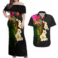 Hawaii Plumeria Couples Matching Off Shoulder Maxi Dress and Hawaiian Shirt Polynesian Tattoo and Hibiscus LT03 Black - Polynesian Pride