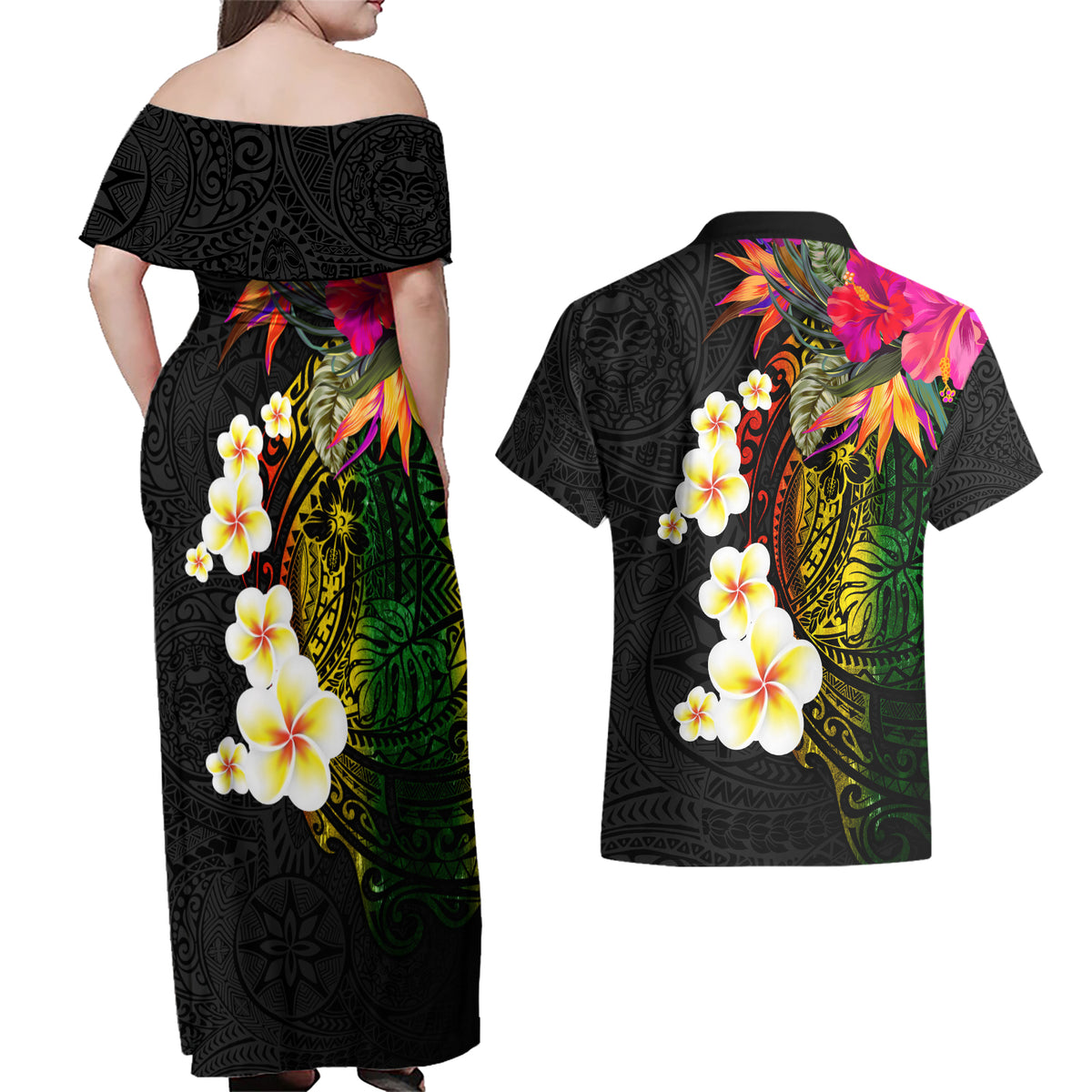 Hawaii Plumeria Couples Matching Off Shoulder Maxi Dress and Hawaiian Shirt Polynesian Tattoo and Hibiscus LT03 - Polynesian Pride