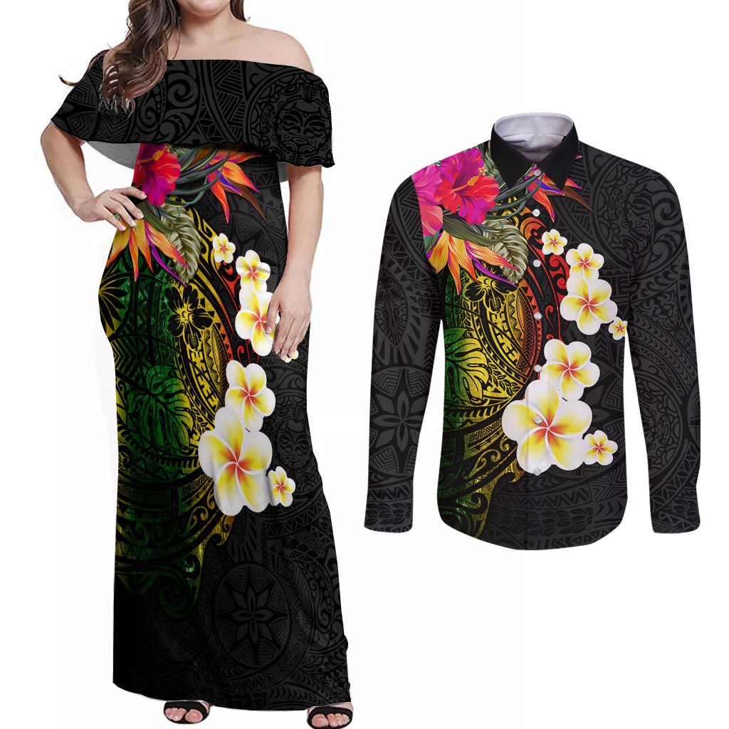 Hawaii Plumeria Couples Matching Off Shoulder Maxi Dress and Long Sleeve Button Shirt Polynesian Tattoo and Hibiscus