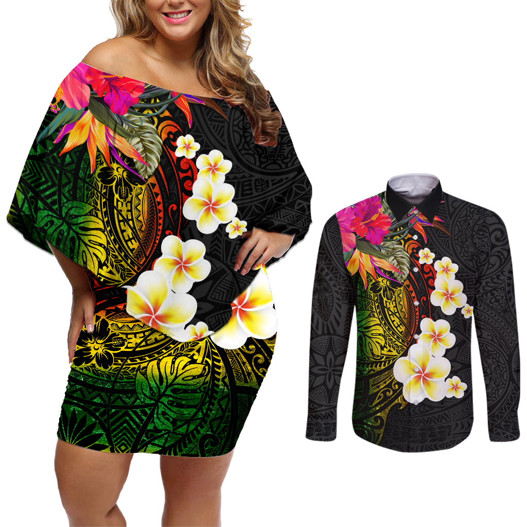 Hawaii Plumeria Couples Matching Off Shoulder Short Dress and Long Sleeve Button Shirt Polynesian Tattoo and Hibiscus