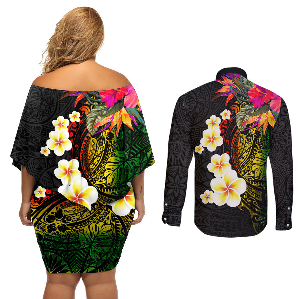 Hawaii Plumeria Couples Matching Off Shoulder Short Dress and Long Sleeve Button Shirt Polynesian Tattoo and Hibiscus
