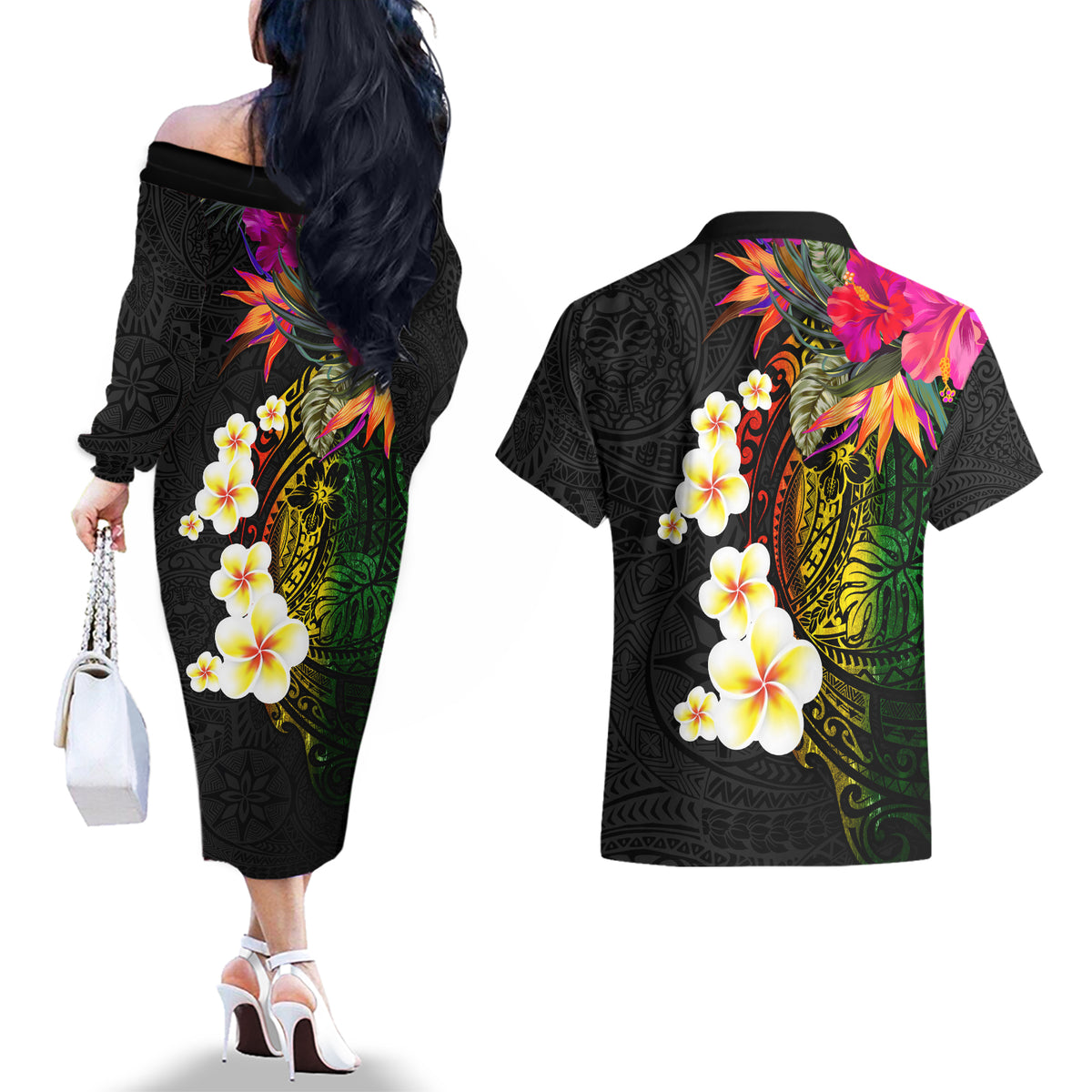 Hawaii Plumeria Couples Matching Off The Shoulder Long Sleeve Dress and Hawaiian Shirt Polynesian Tattoo and Hibiscus