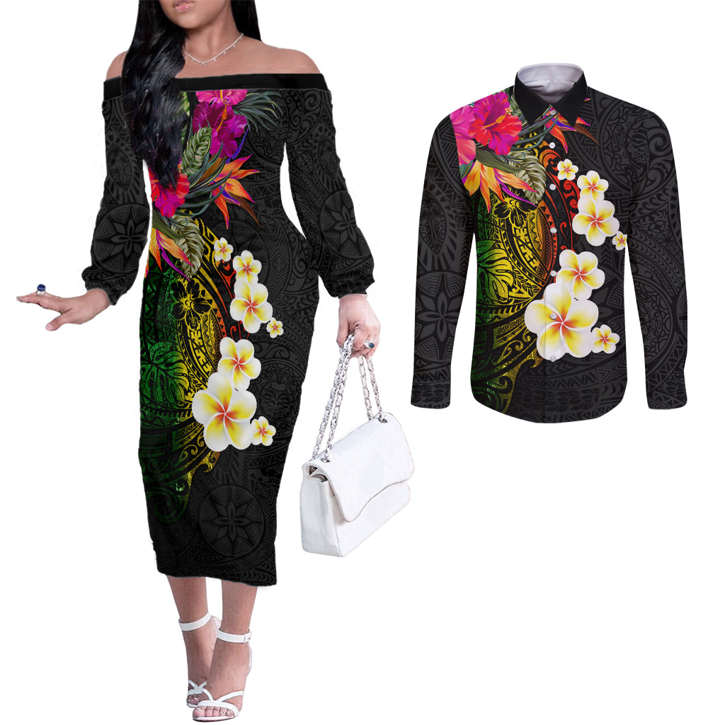 Hawaii Plumeria Couples Matching Off The Shoulder Long Sleeve Dress and Long Sleeve Button Shirt Polynesian Tattoo and Hibiscus