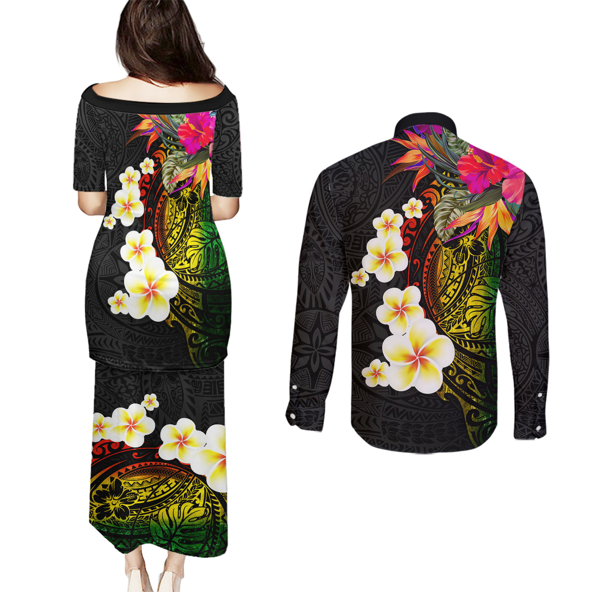 Hawaii Plumeria Couples Matching Puletasi and Long Sleeve Button Shirt Polynesian Tattoo and Hibiscus