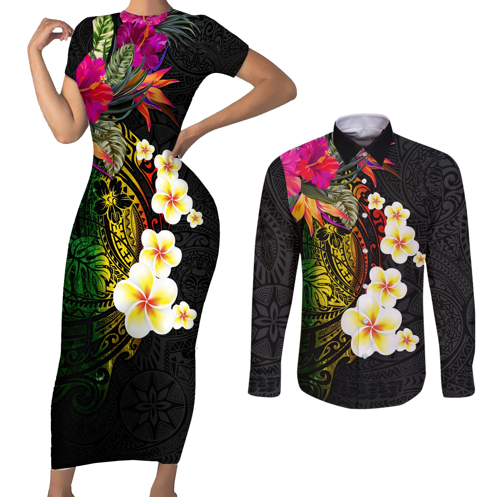 Hawaii Plumeria Couples Matching Short Sleeve Bodycon Dress and Long Sleeve Button Shirt Polynesian Tattoo and Hibiscus