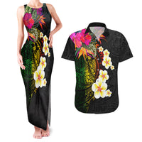 Hawaii Plumeria Couples Matching Tank Maxi Dress and Hawaiian Shirt Polynesian Tattoo and Hibiscus