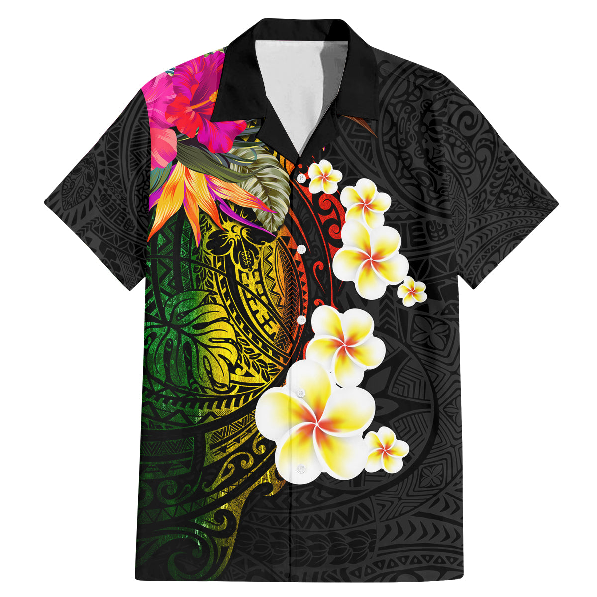 Hawaii Plumeria Family Matching Mermaid Dress and Hawaiian Shirt Polynesian Tattoo and Hibiscus LT03 Dad's Shirt - Short Sleeve Black - Polynesian Pride