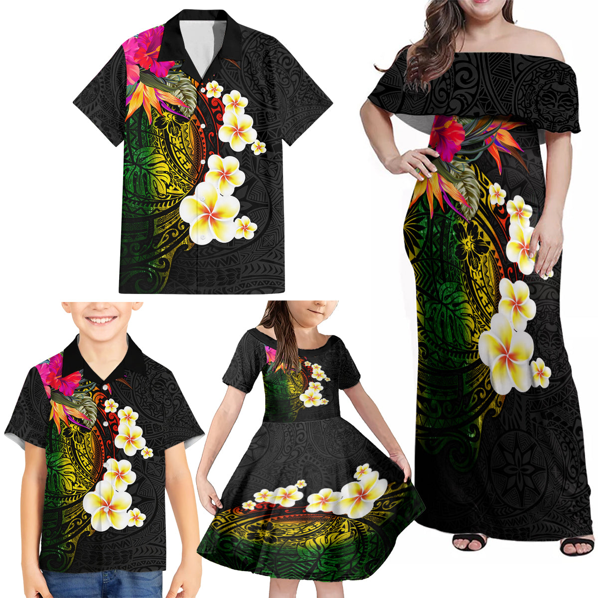Hawaii Plumeria Family Matching Off Shoulder Maxi Dress and Hawaiian Shirt Polynesian Tattoo and Hibiscus LT03 - Polynesian Pride