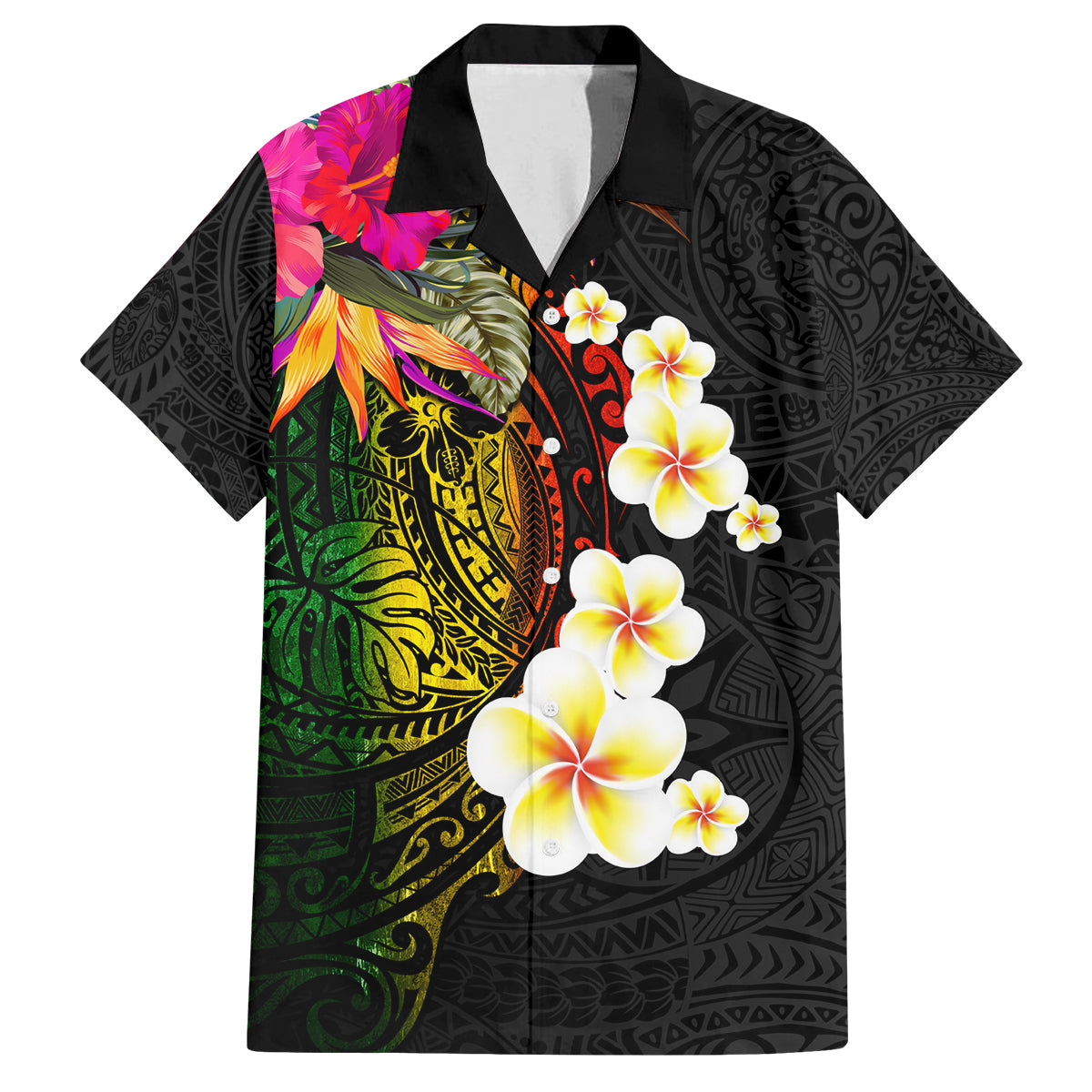 Hawaii Plumeria Family Matching Off Shoulder Maxi Dress and Hawaiian Shirt Polynesian Tattoo and Hibiscus LT03 Dad's Shirt - Short Sleeve Black - Polynesian Pride