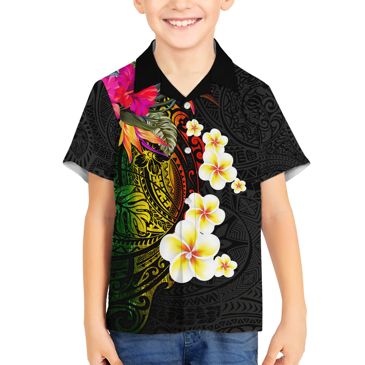 Hawaii Plumeria Family Matching Off Shoulder Maxi Dress and Hawaiian Shirt Polynesian Tattoo and Hibiscus LT03 Son's Shirt Black - Polynesian Pride
