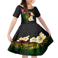 Hawaii Plumeria Family Matching Puletasi and Hawaiian Shirt Polynesian Tattoo and Hibiscus LT03 Daughter's Dress Black - Polynesian Pride